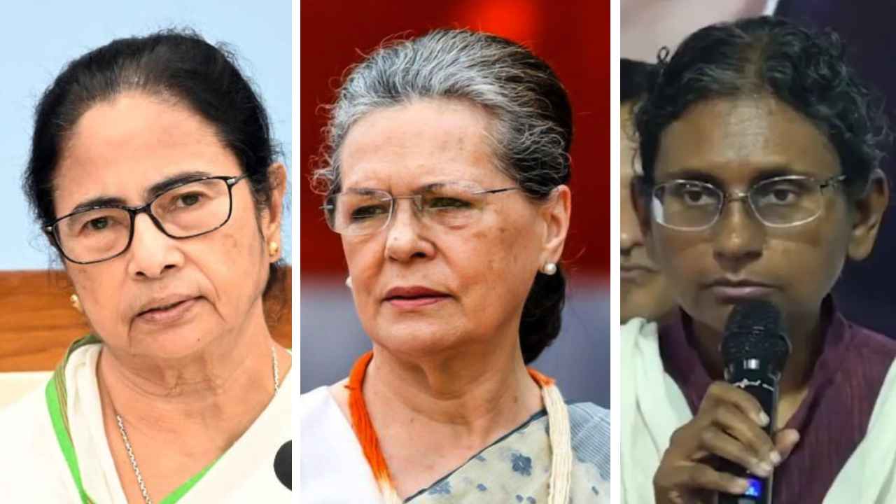 (বাঁ দিক থেকে) মমতা বন্দ্যোপাধ্যায়, সনিয়া গান্ধী এবং মীনাক্ষী নটরাজন।