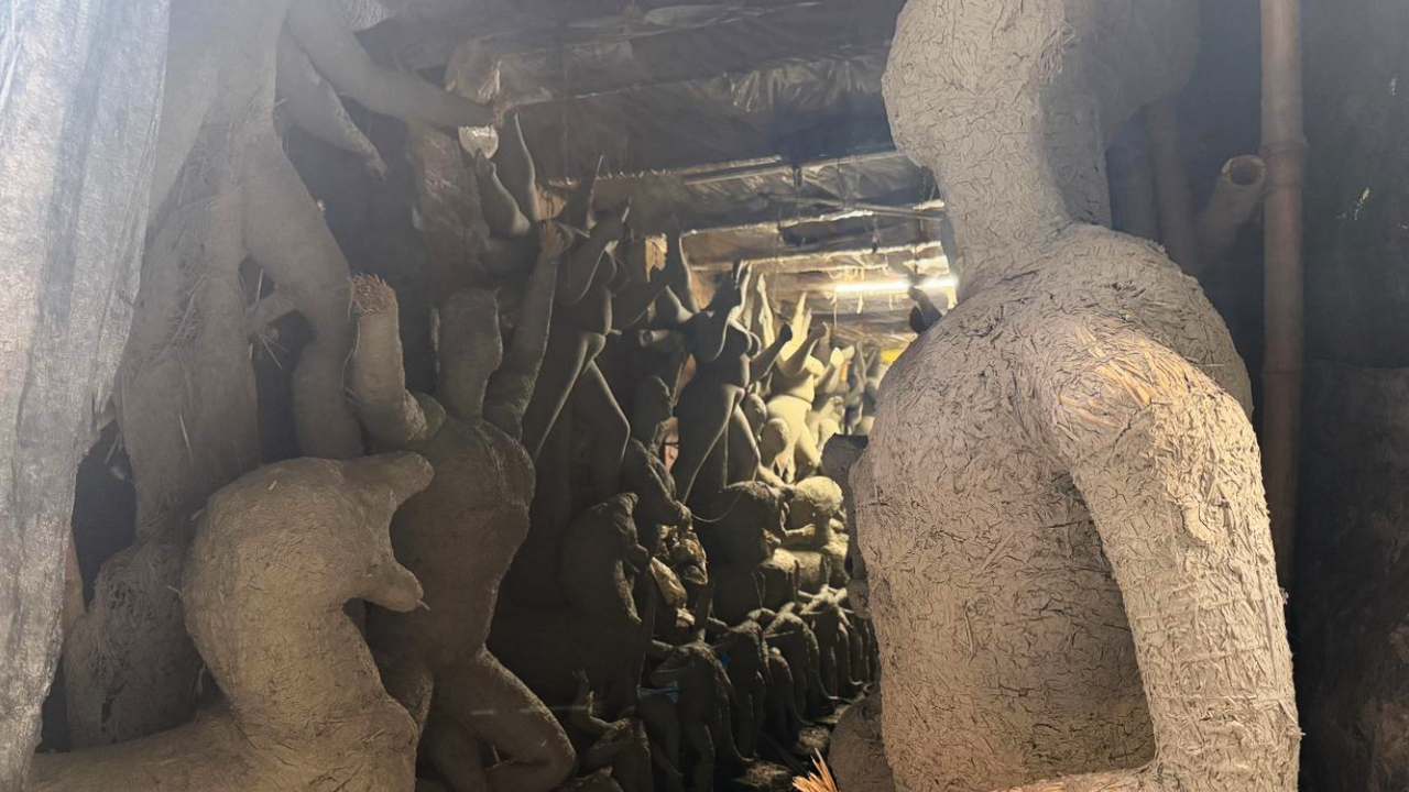 কুমোরটুলিতে তৈরি করে রাখা আছে মূর্তির কাঠামো।