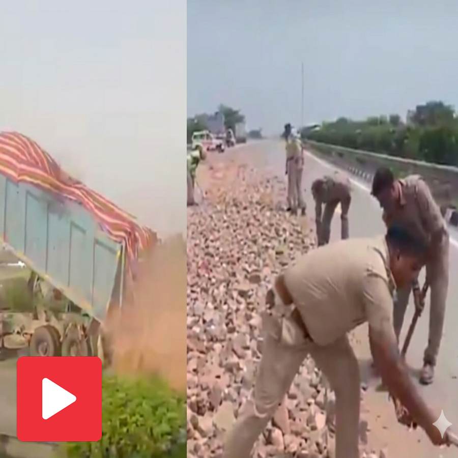 A video shows overloaded dumper drops stone and later cleared by UP police goes viral dgtl