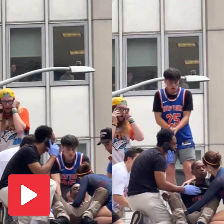 Viral shows unconscious man trying to kiss woman who saved his life in knicks parade