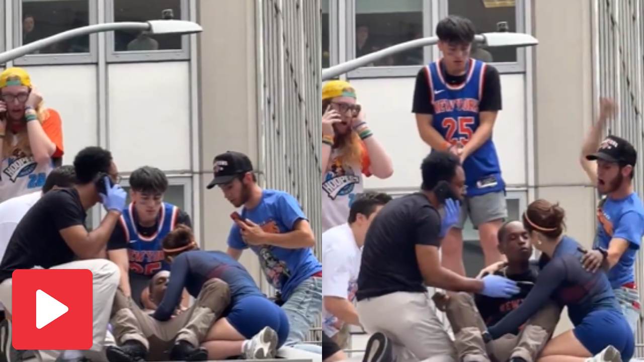 Viral shows unconscious man trying to kiss woman who saved his life in knicks parade
