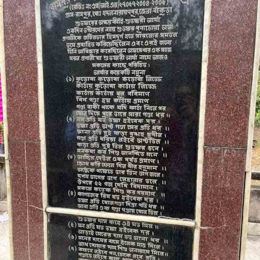 স্মৃতিসাক্ষ্য: রামপুর শুভঙ্কর গবেষণা ও স্মৃতিরক্ষা কেন্দ্রের স্মৃতিস্তম্ভ এবং তার গায়ে উৎকীর্ণ শুভঙ্করী আর্যা।