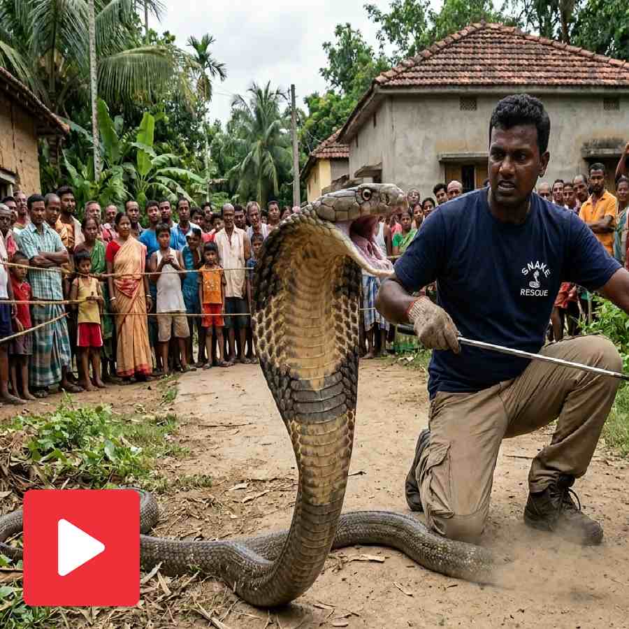 Video shows a man rescuing a king cobra and villagers gather to see the rescue mission