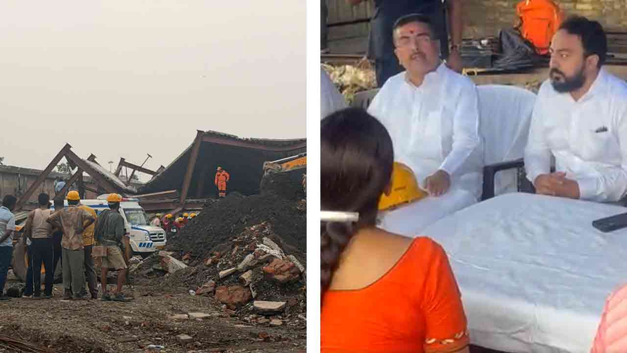 (বাঁ দিকে) তারাতলার গুদামের ছাদ ভেঙে পড়েছে হুড়মুড়িয়ে। মুখ্যমন্ত্রী শুভেন্দু অধিকারী ঘটনাস্থলে (ডান দিকে)।