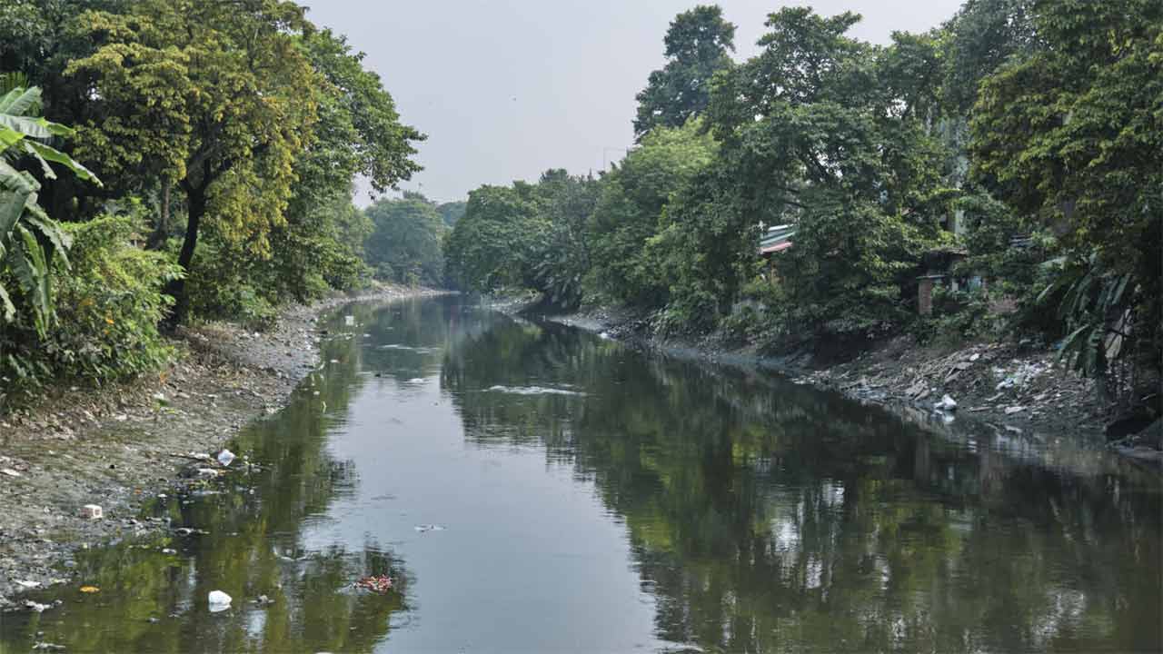 ক্ষীয়মাণ: দু’পাশের আবর্জনা ক্রমশ গ্রাস করে নিয়েছে আদিগঙ্গার প্রাচীন ধারা।