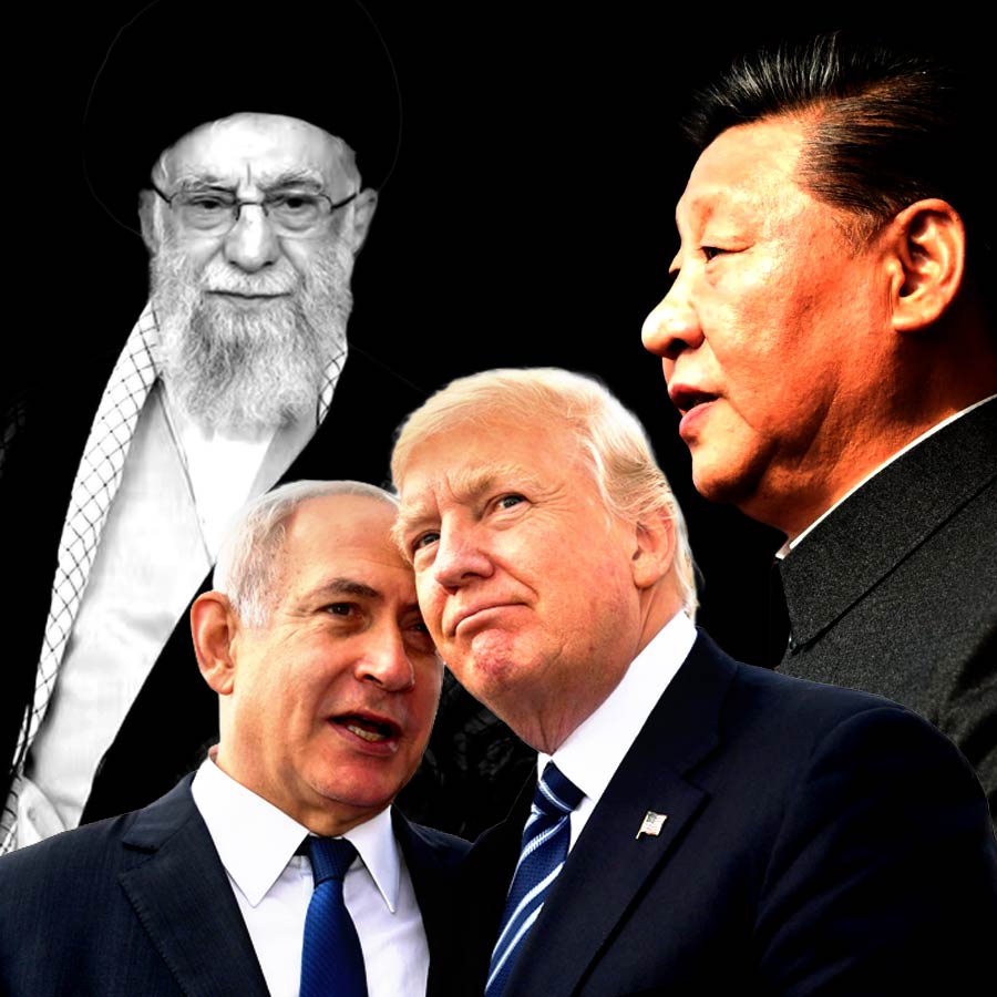 (বাঁ দিক থেকে) ইরানের সর্বোচ্চ ধর্মীয় নেতা আয়াতোল্লা আলি খামেনেই, ইজ়রায়েলের প্রধানমন্ত্রী বেঞ্জামিন নেতানিয়াহু, আমেরিকার প্রেসিডেন্ট ডোনাল্ড ট্রাম্প এবং চিনের প্রেসিডেন্ট শি জিনপিং।