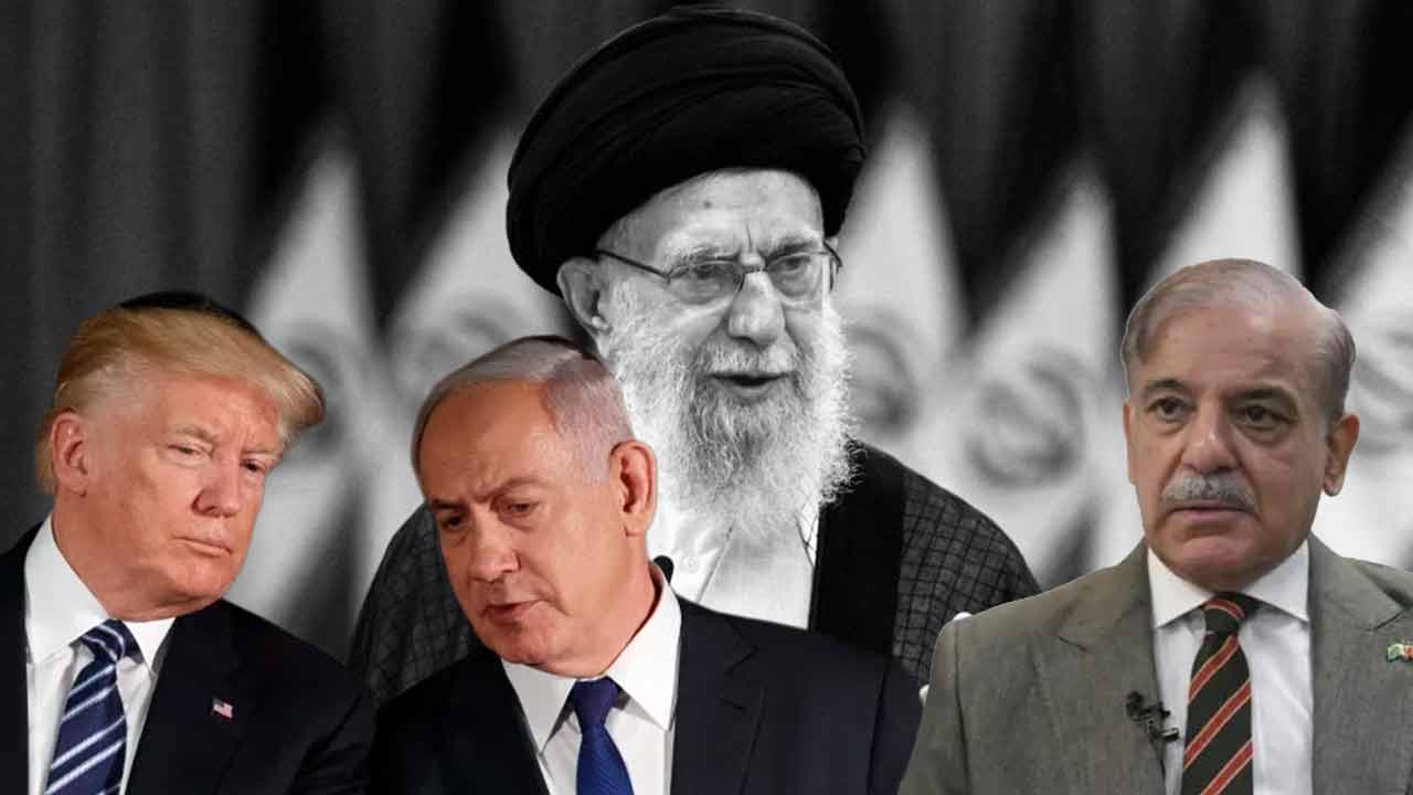 (বাঁ দিক থেকে) ডোনাল্ড ট্রাম্প, বেঞ্জামিন নেতানিয়াহু, আয়াতোল্লা আলি খামেনেই এবং শাহবাজ় শরিফ।