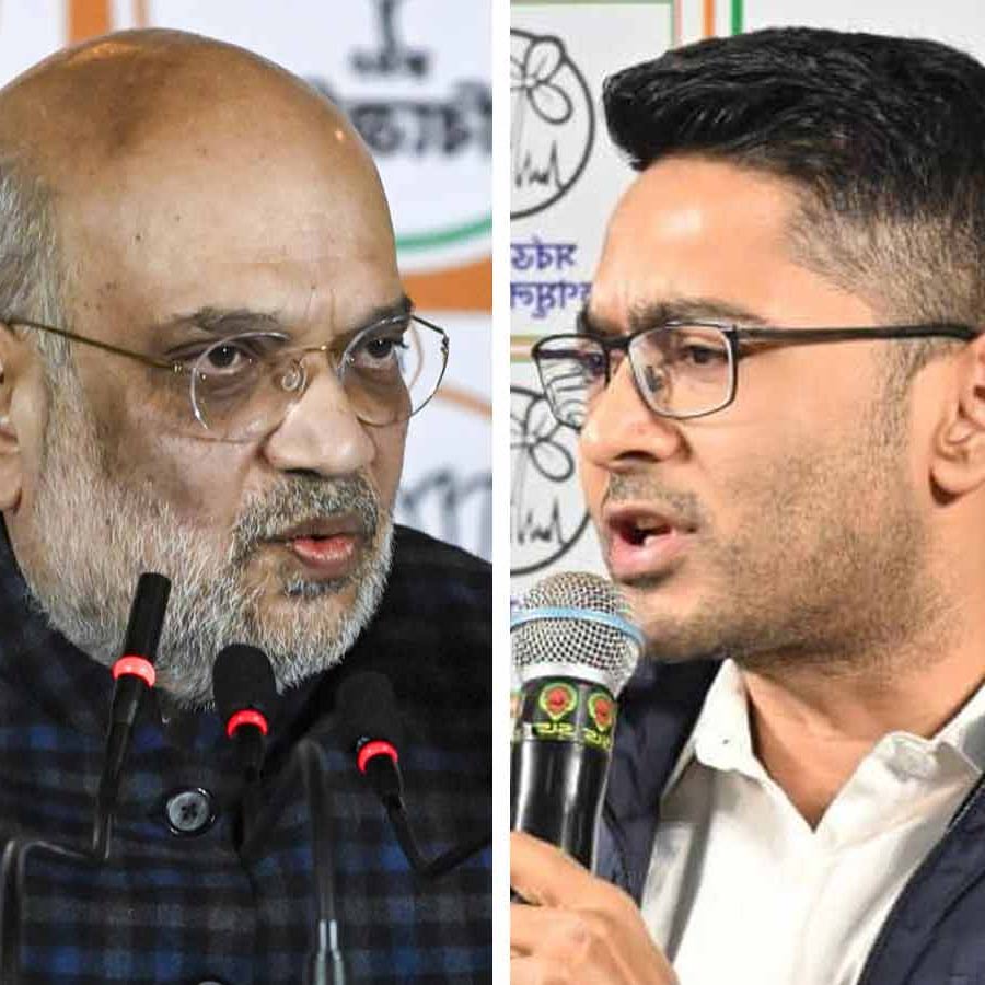 (বাঁ দিকে) অমিত শাহ এবং অভিষেক বন্দ্যোপাধ্যায় (ডান দিকে)।