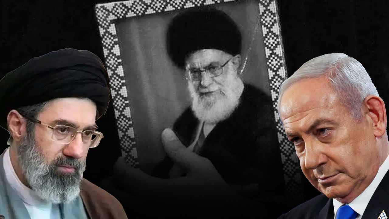 (বাঁ দিক থেকে) মোজতবা খামেনেই, আয়াতোল্লা আলি খামেনেই এবং বেঞ্জামিন নেতানিয়াহু।