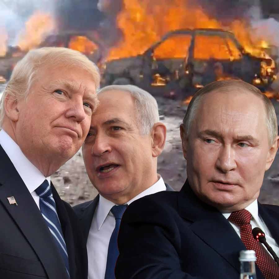 (বাঁ দিক থেকে) আমেরিকার প্রেসিডেন্ট ডোনাল্ড ট্রাম্প,  ইজ়রায়েলের প্রধানমন্ত্রী বেঞ্জামিন নেতানিয়াহু এবং রাশিয়ার প্রেসিডেন্ট ভ্লাদিমির পুতিন।