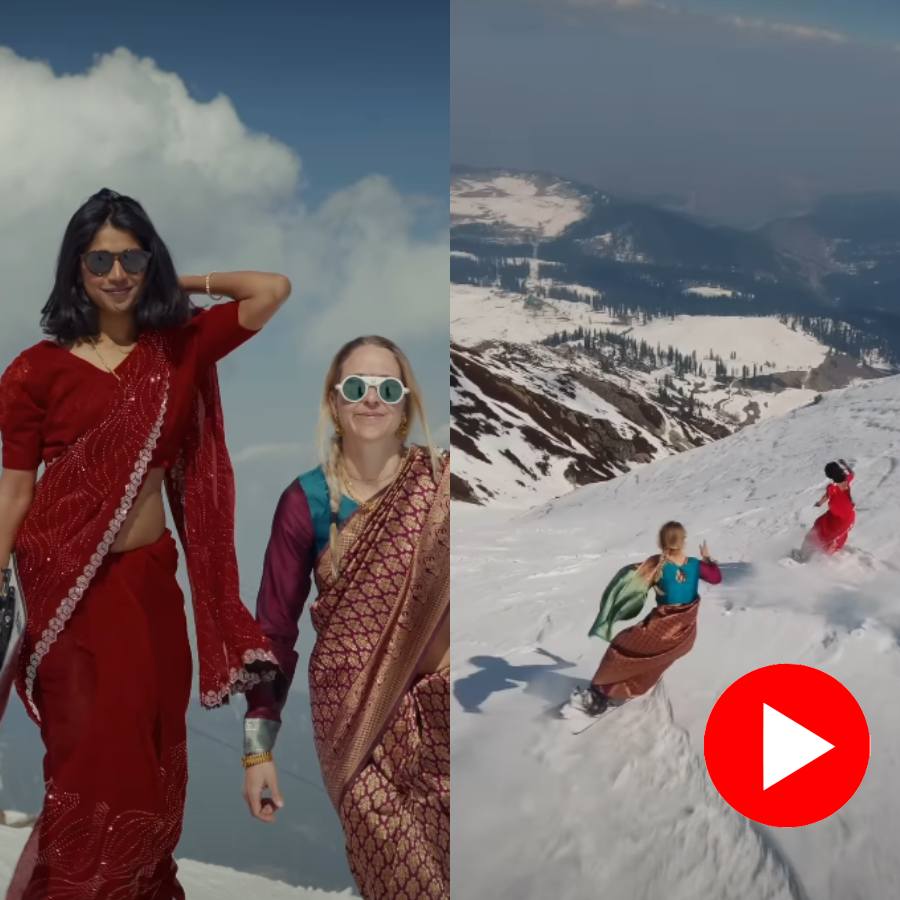 Video shows Mumbai woman snowboards in saree with a foreigner in Gulmarg
