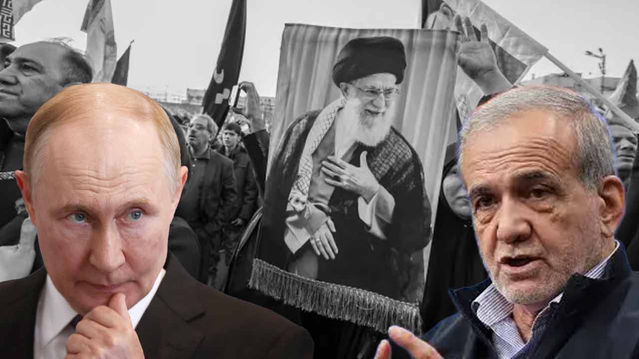 (বাঁ দিকে) রুশ প্রেসিডেন্ট ভ্লাদিমির পুতিন। (ডান দিকে) ইরান প্রেসিডেন্ট মাসুদ পেজ়েশকিয়ান। গ্রাফিক: আনন্দবাজার ডট কম।