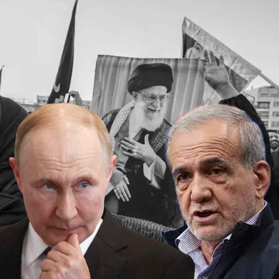 (বাঁ দিকে) রুশ প্রেসিডেন্ট ভ্লাদিমির পুতিন। (ডান দিকে) ইরান প্রেসিডেন্ট মাসুদ পেজ়েশকিয়ান। গ্রাফিক: আনন্দবাজার ডট কম।