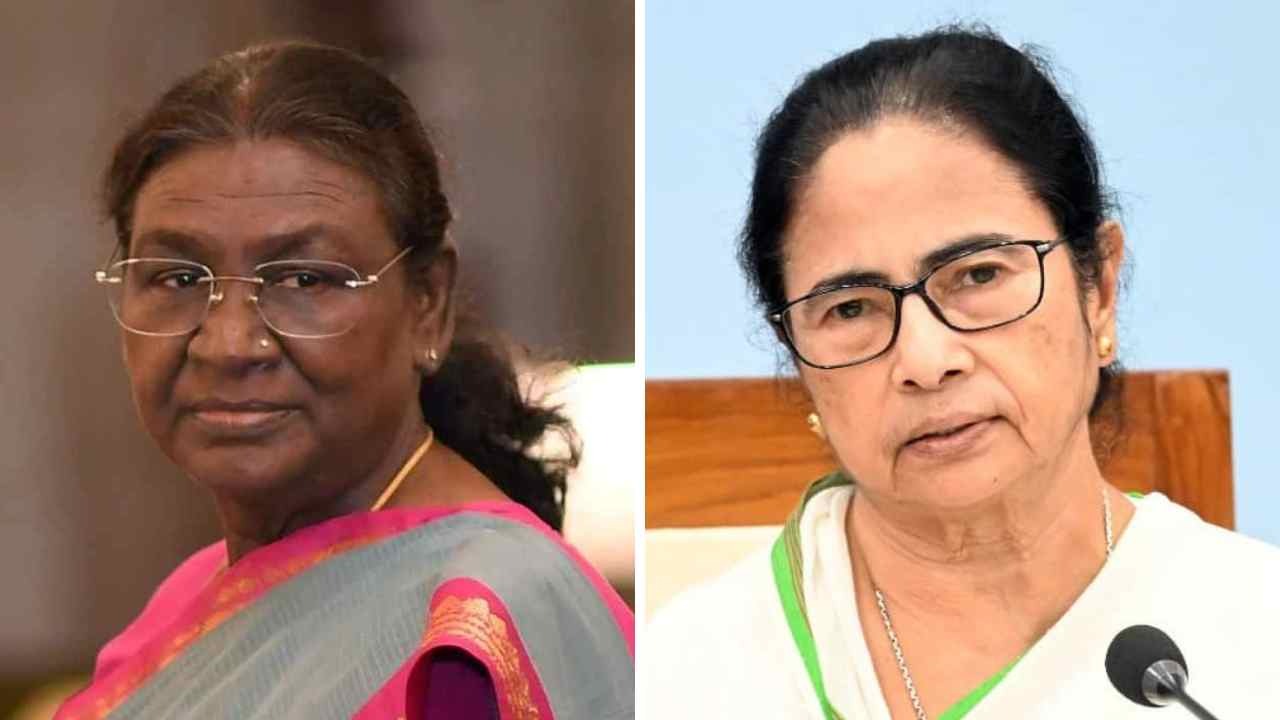 (বাঁ দিকে) রাষ্ট্রপতি দ্রৌপদী মুর্মু এবং পশ্চিমবঙ্গের মুখ্যমন্ত্রী মমতা বন্দ্যোপাধ্যায় (ডান দিকে)।