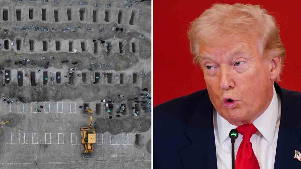 (বাঁ দিকে) ইরানের মিনাবে মেয়েদের স্কুলে হামলার পর গণকবর। (ডান দিকে) মার্কিন প্রেসিডেন্ট ডোনাল্ড ট্রাম্প।