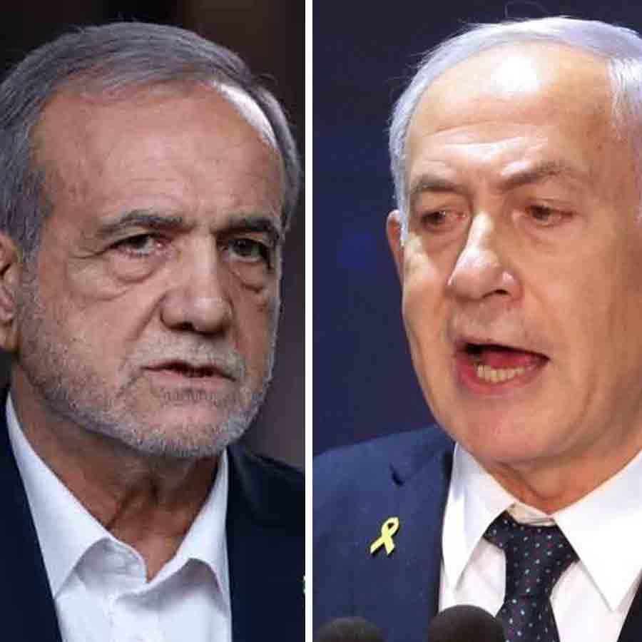(বাঁ দিকে) ইরানের প্রেসিডেন্ট মাসুদ পেজ়েশকিয়ান। (ডান দিকে) ইজ়রায়েলের প্রধানমন্ত্রী বেঞ্জামিন নেতানিয়াহু। ফাইল চিত্র।