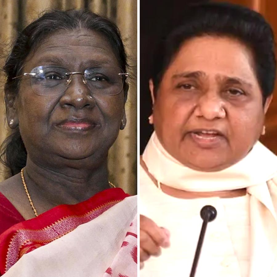 (বাঁ দিকে) দ্রৌপদী মুর্মু এবং মায়াবতী (ডান দিকে)।