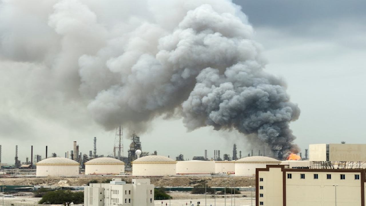 বাহরিনের প্রধান তেল পরিশোধনাগার বাপকোতে ধোঁয়া।