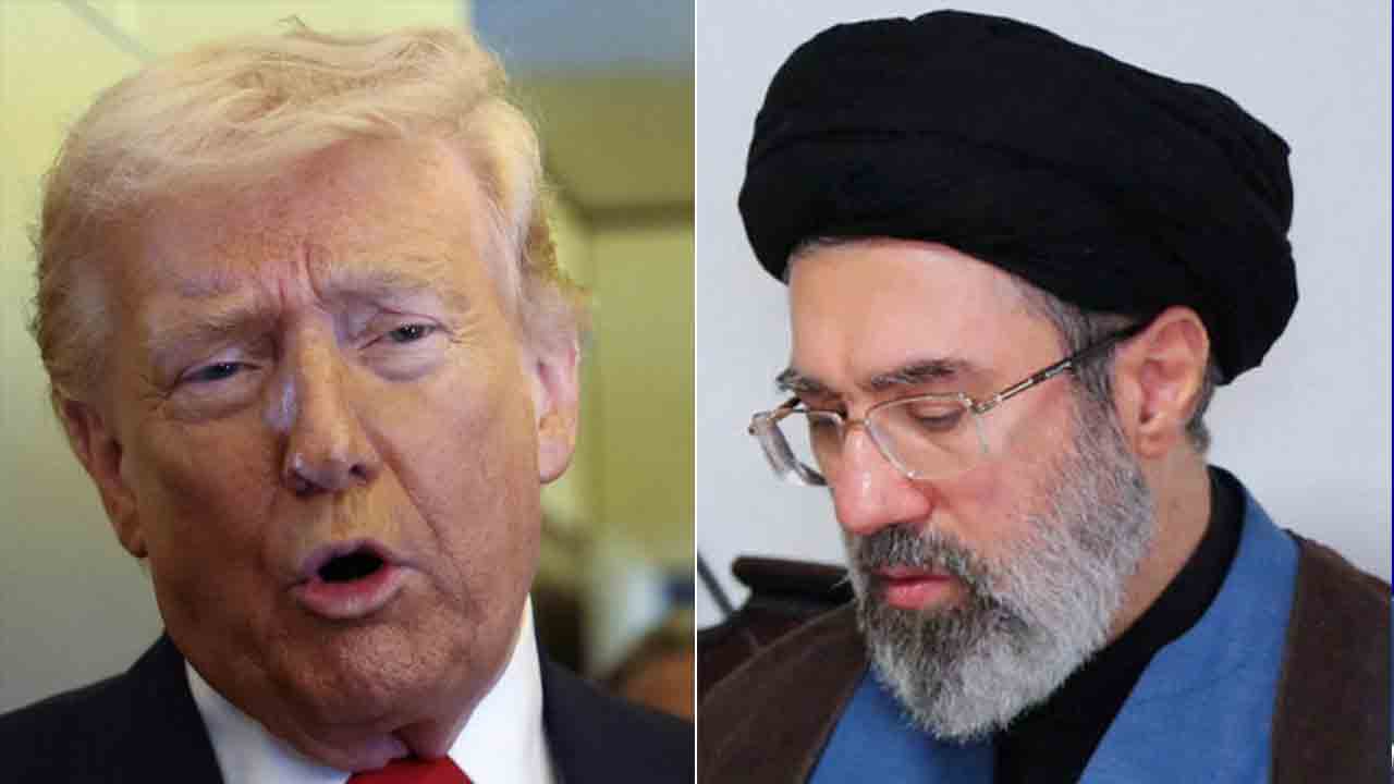 (বাঁ দিকে) ডোনাল্ড ট্রাম্প। মোজতবা খামেনেই (ডান দিকে)।