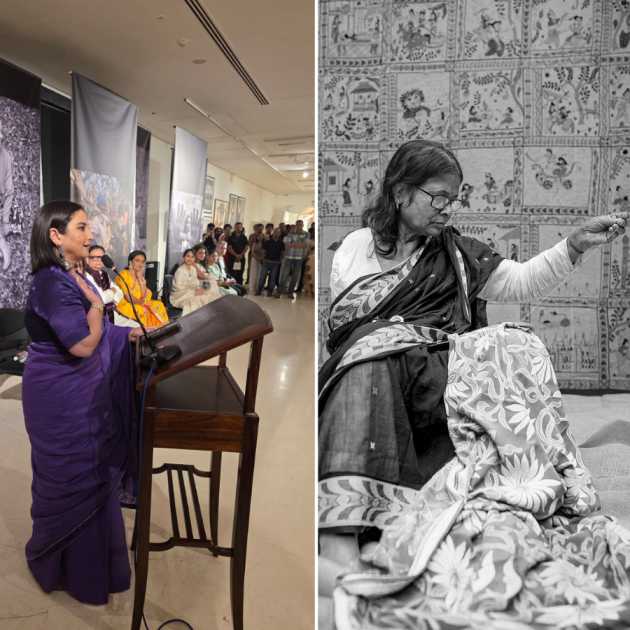 আলোকচিত্র প্রদর্শনীতে বক্তব্য পেশ করছেন অভিনেত্রী দিব্যা দত্ত (বাঁ দিকে)। কৌন্তেয় সিংহের তোলা ছবি ( ডান দিকে)।