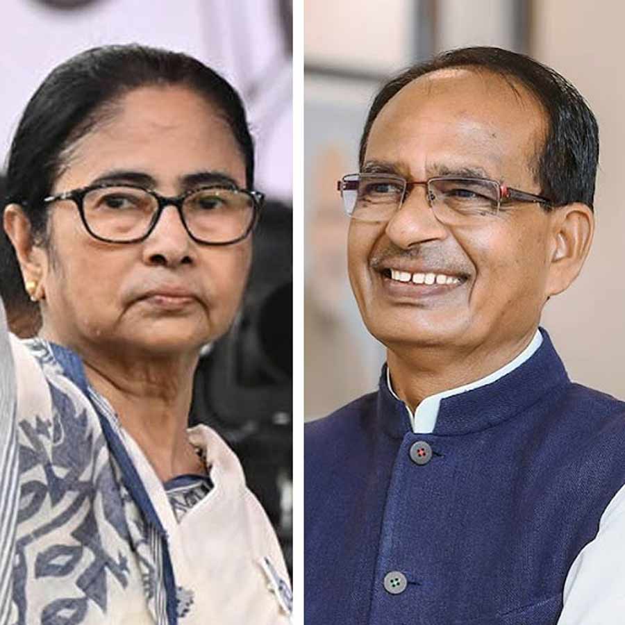 (বাঁ দিকে) মমতা বন্দ্যোপাধ্যায় এবং শিবরাজ সিংহ চৌহান (ডান দিকে)।