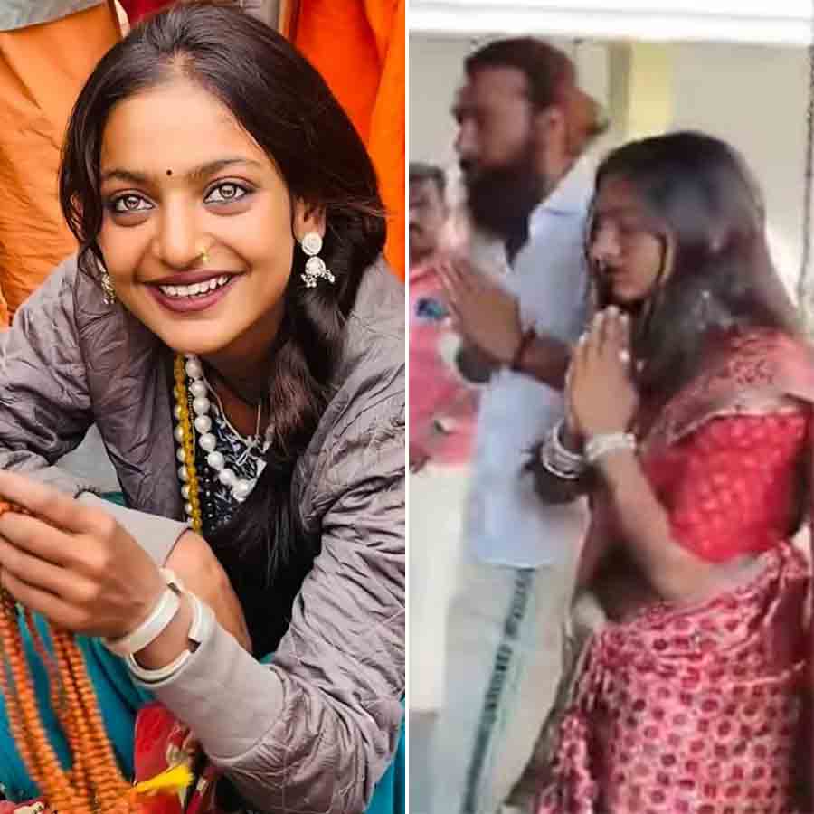 (বাঁ দিকে) কুম্ভমেলায় মোনালিসা। (ডান দিকে) বুধবার কেরলে বিয়ে সারলেন তিনি। ছবি: সংগৃহীত।