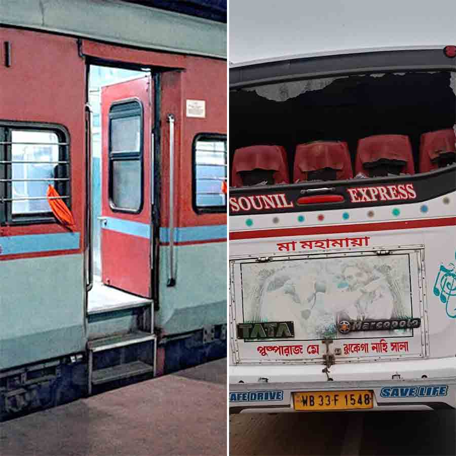 বিশেষ ট্রেন কার্যত ফাঁকা। শুক্রবার রাতে গিধনি স্টেশনে (বাঁ দিকে)। বেলদা ১ পঞ্চায়েতের পাতলিতে বিজেপি