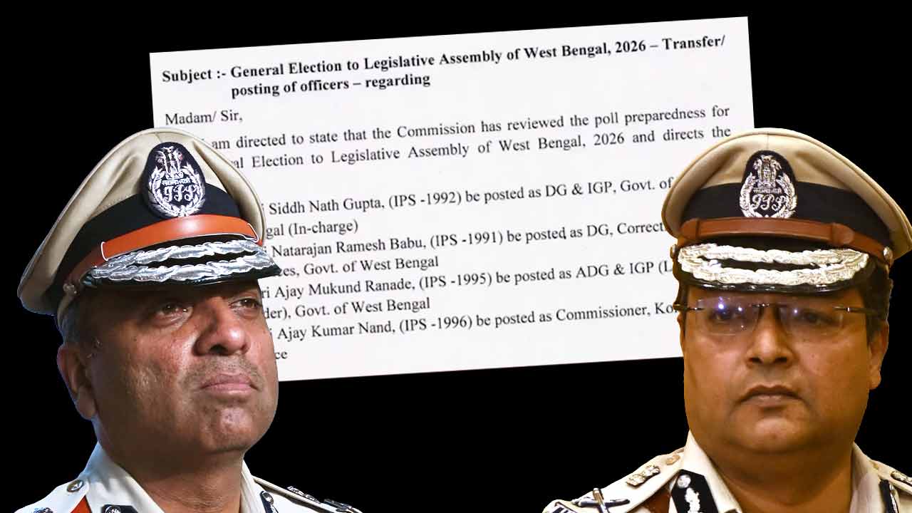 (বাঁ দিকে) রাজ্য পুলিশের অপসারিত ডিজি পীযূষ পাণ্ডে এবং কলকাতার অপসারিত পুলিশ কমিশনার সুপ্রতিম সরকার (ডান দিকে)।