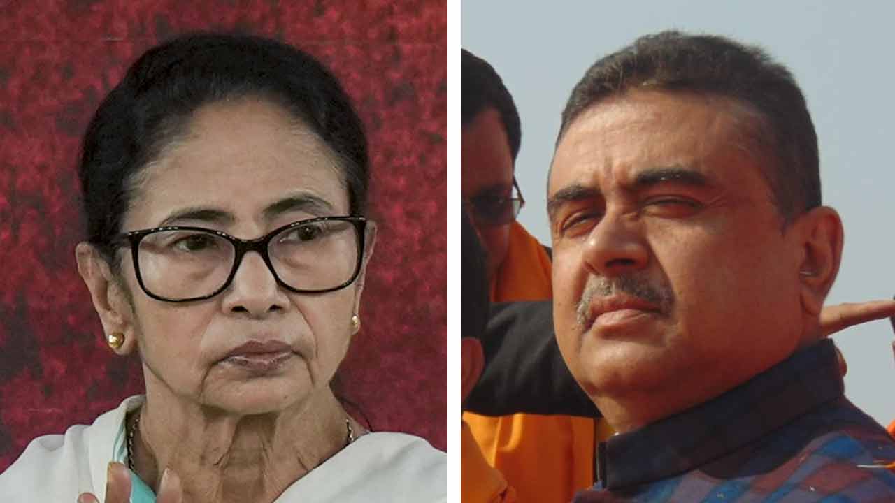 (বাঁ দিকে) মমতা বন্দ্যোপাধ্যায় এবং শুভেন্দু অধিকারী (ডান দিকে)।