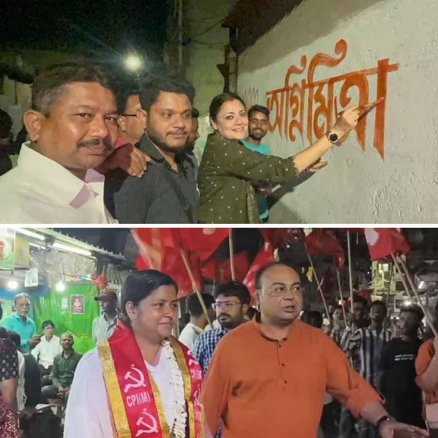 (বাঁ দিকে) আসানসোলে দেওয়াল লিখনে অগ্নিমিত্রা পাল। (ডান দিকে) উত্তরপাড়ায় প্রচারে মীনাক্ষি মুখোপাধ্যায়।