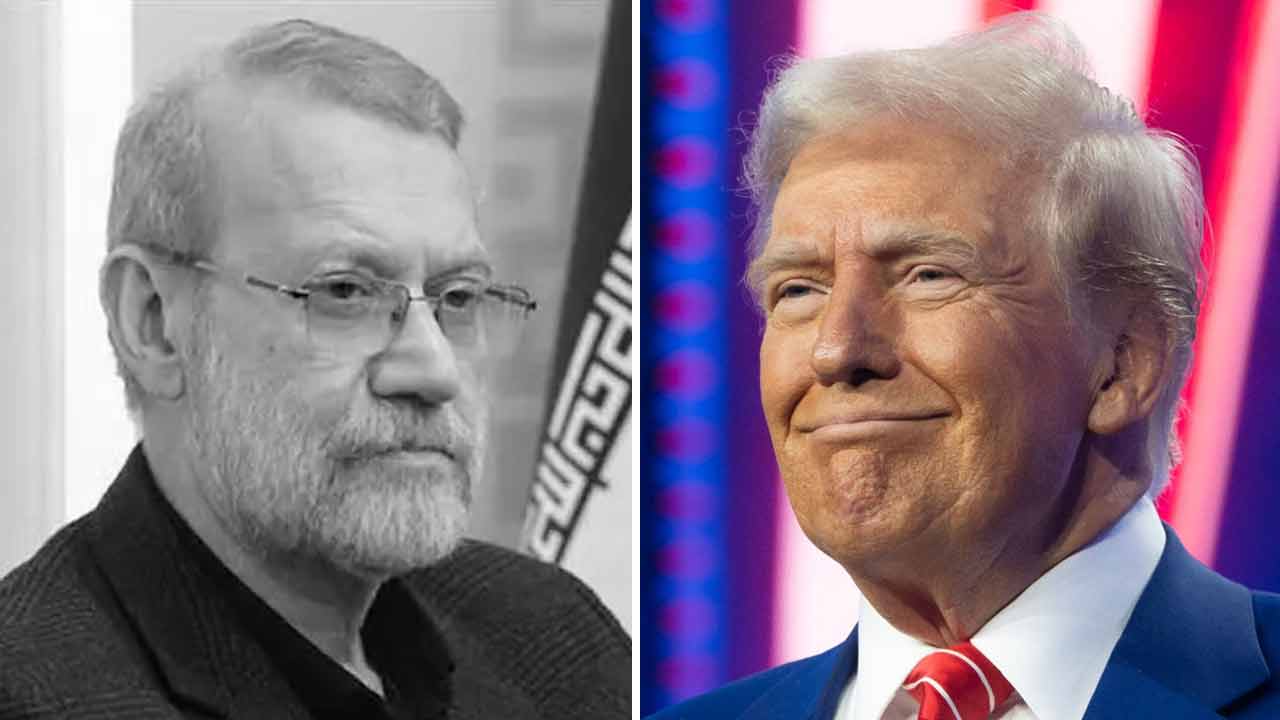 (বাঁ দিকে) আলি লারিজানি। ডোনাল্ড ট্রাম্প (ডান দিকে)।