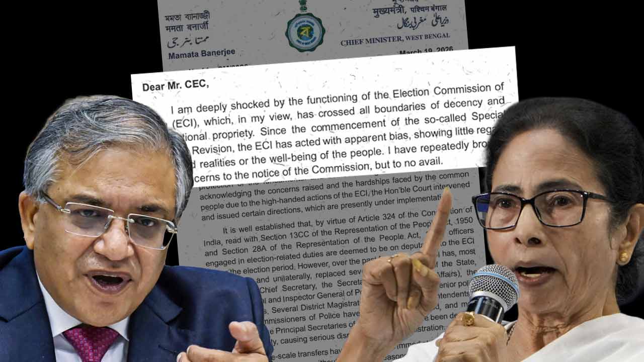 (বাঁ দিকে) মুখ্য নির্বাচন কমিশনার জ্ঞানেশ কুমার। মুখ্যমন্ত্রী মমতা বন্দ্যোপাধ্যায় (ডান দিকে)।