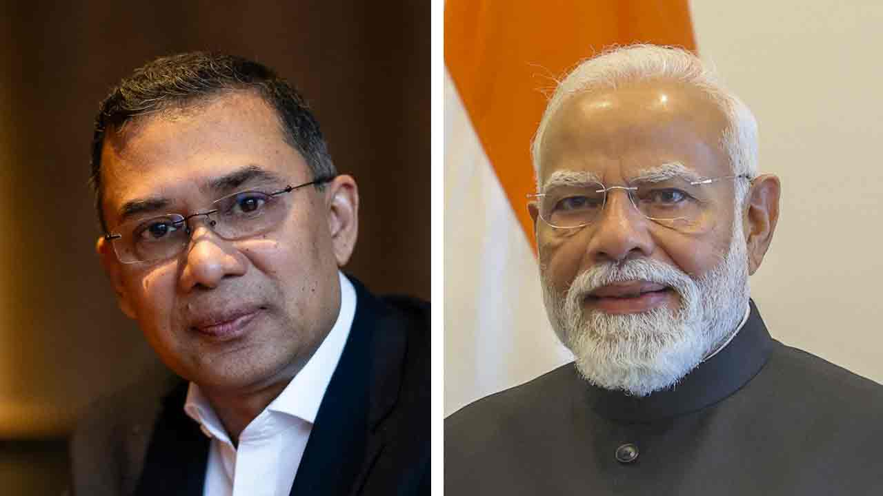 (বাঁ দিকে) বাংলাদেশের প্রধানমন্ত্রী তারেক রহমান। ভারতের প্রধানমন্ত্রী নরেন্দ্র মোদী (ডান দিকে)।