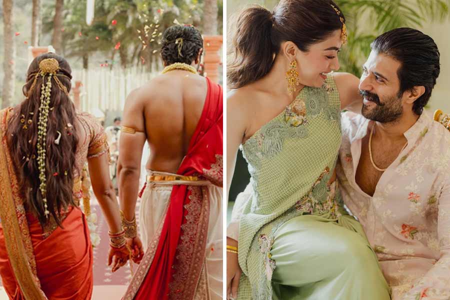 বিয়ে ও গায়ে হলুদে রশ্মিকার কেশসজ্জা। 