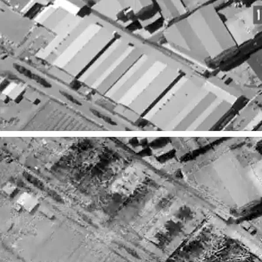 (বাঁ দিকে) হামলার আগে। (ডান দিকে) হামলার পরের অবস্থা ক্ষেপণাস্ত্র কেন্দ্রের। ছবি: সংগৃহীত।