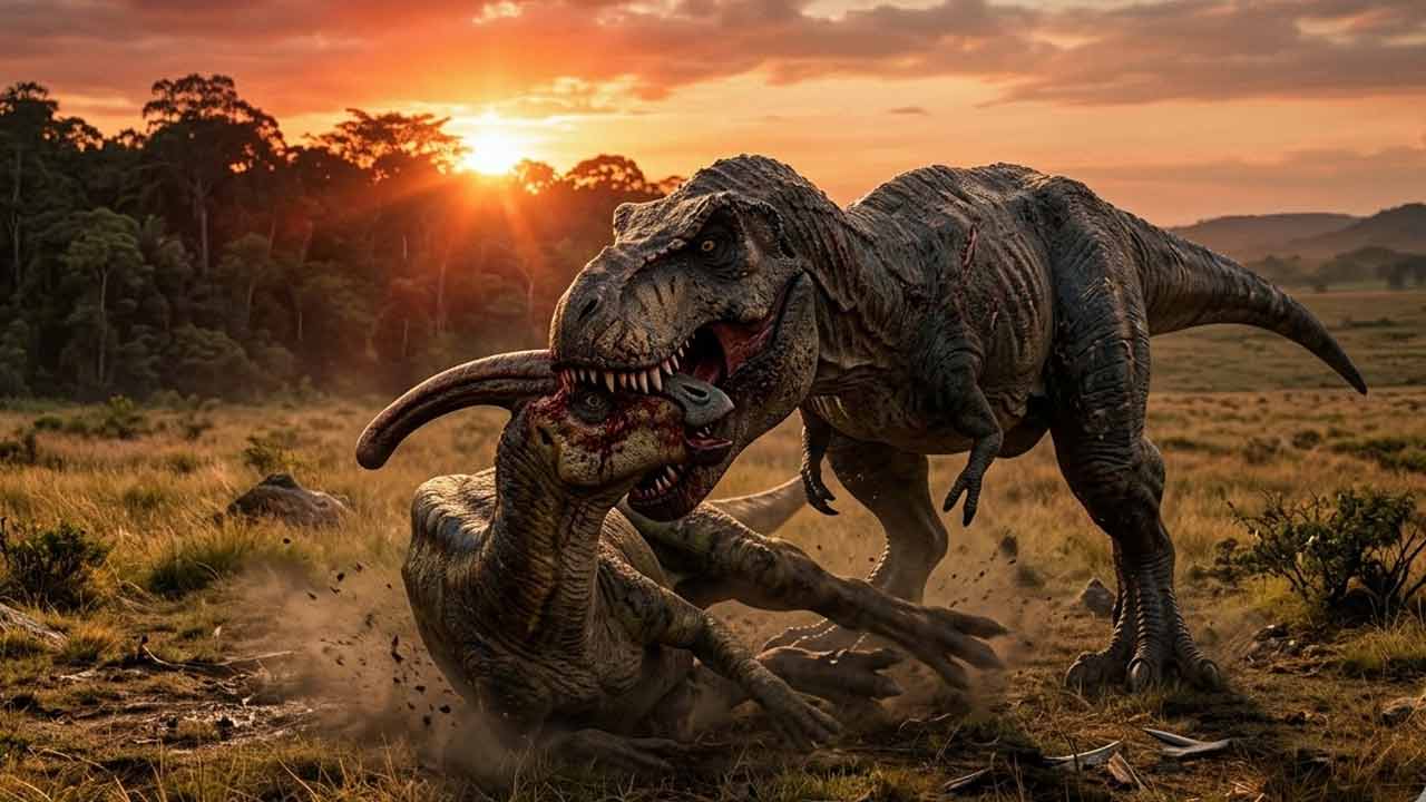 তৃণভোজী ডাইনোসরের মাথায় গেঁথে গিয়েছিল টি-রেক্সের ধারালো দাঁত।