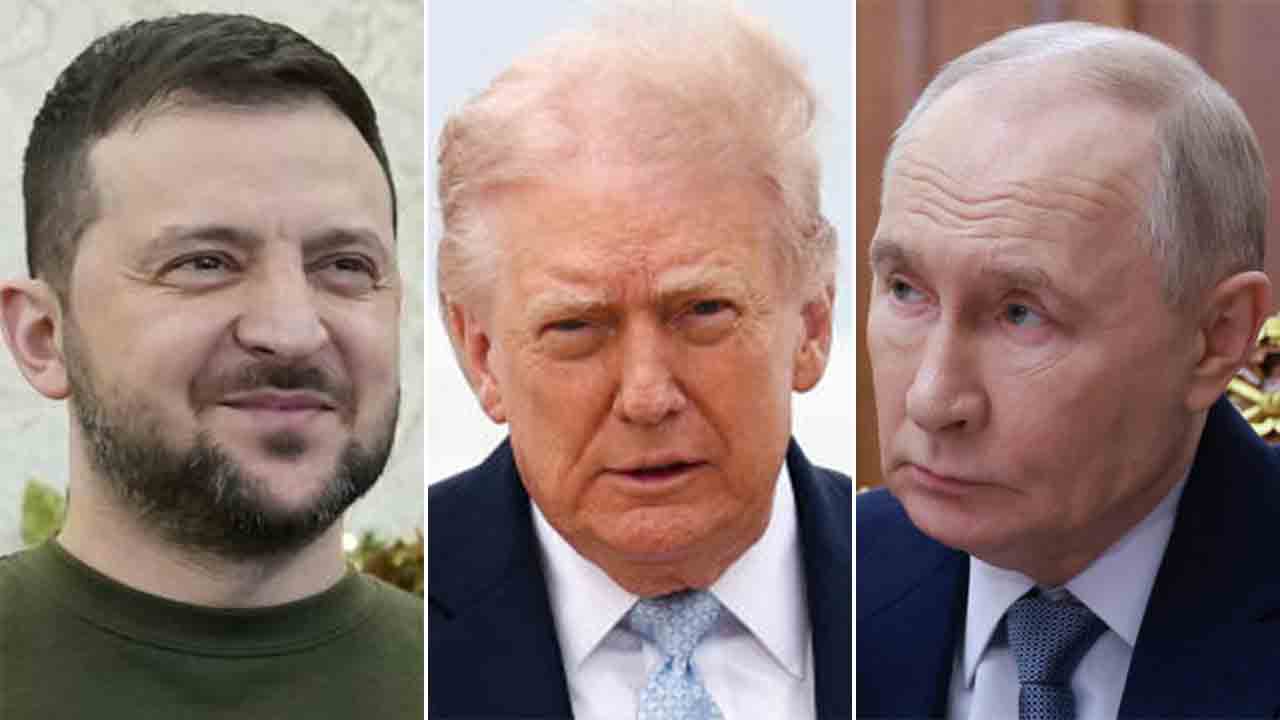 (বাঁ দিকে) ইউক্রেন প্রেসিডেন্ট জ়েলেনস্কি, (মাঝে) মার্কিন প্রেসিডেন্ট ট্রাম্প, (ডান দিকে) রুশ প্রেসিডেন্ট পুতিন। ফাইল চিত্র।