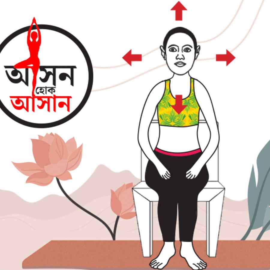Seated Neck Rolls Yoga, a simple neck posture in Yogasana to try before Durga Puja