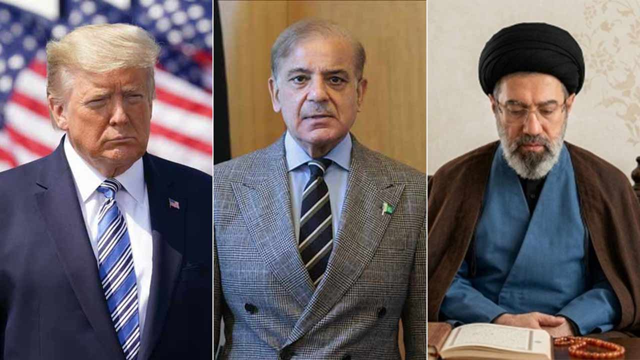 (বাঁ দিক থেকে) ডোনাল্ড ট্রাম্প, শাহবাজ় শরিফ এবং মোজতবা খামেনেই।