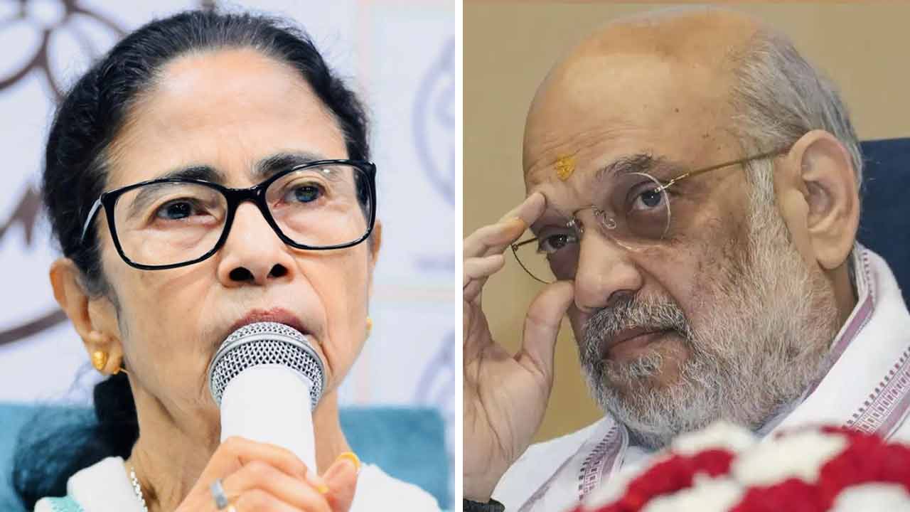 (বাঁ দিকে) মুখ্যমন্ত্রী মমতা বন্দ্যোপাধ্যায়। কেন্দ্রীয় স্বরাষ্ট্রমন্ত্রী অমিত শাহ (ডান দিকে)।