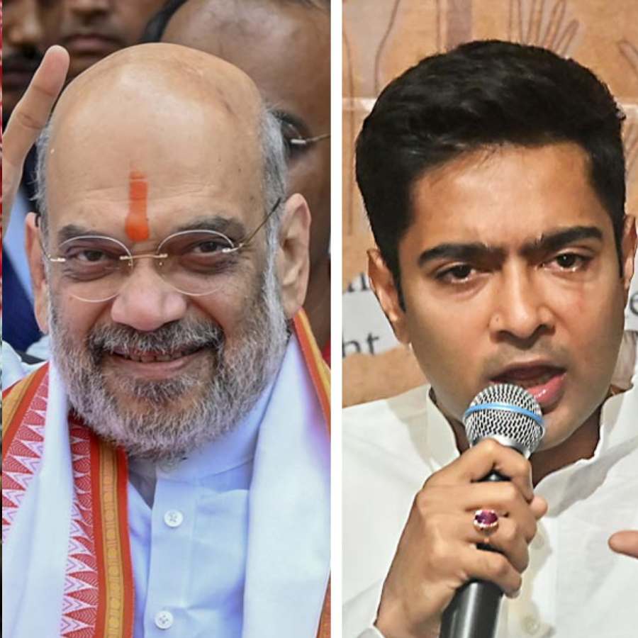 (বাঁ দিকে) অমিত শাহ এবং অভিষেক বন্দ্যোপাধ্যায় (ডান দিকে)।
