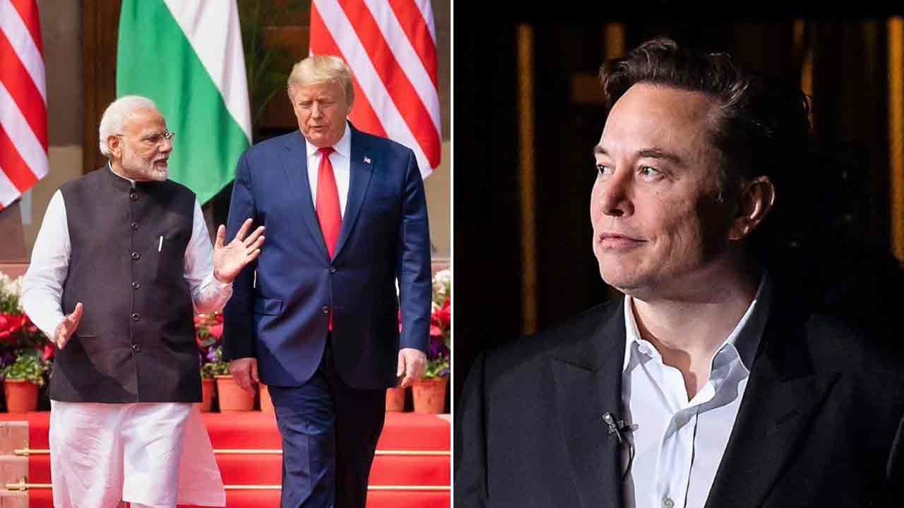 (বাঁ দিকে) ভারতের প্রধানমন্ত্রী নরেন্দ্র মোদীর সঙ্গে আমেরিকার প্রেসিডেন্ট ডোনাল্ড ট্রাম্প। মার্কিন ধনকুবের ইলন মাস্ক (ডান দিকে)।