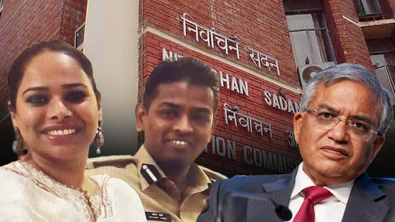 (বাঁ দিকে) মালদহে নিযুক্ত সেই পুলিশ পর্যবেক্ষকের সঙ্গে তাঁর স্ত্রী। দেশের মুখ্য নির্বাচন কমিশনার জ্ঞানেশ কুমার (ডান দিকে)।