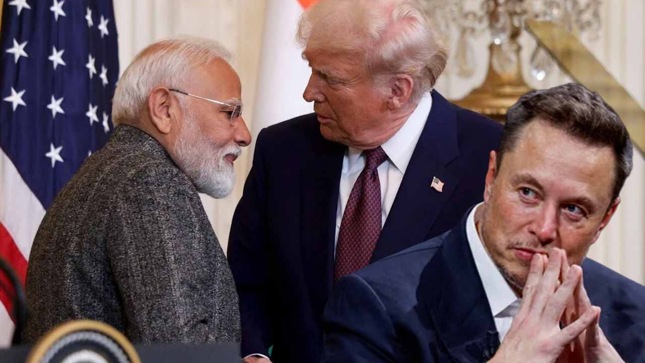 (বাঁ দিক থেকে) প্রধানমন্ত্রী নরেন্দ্র মোদী, মার্কিন প্রেসিডেন্ট ডোনাল্ড ট্রাম্প এবং ধনকুবের ইলন মাস্ক।