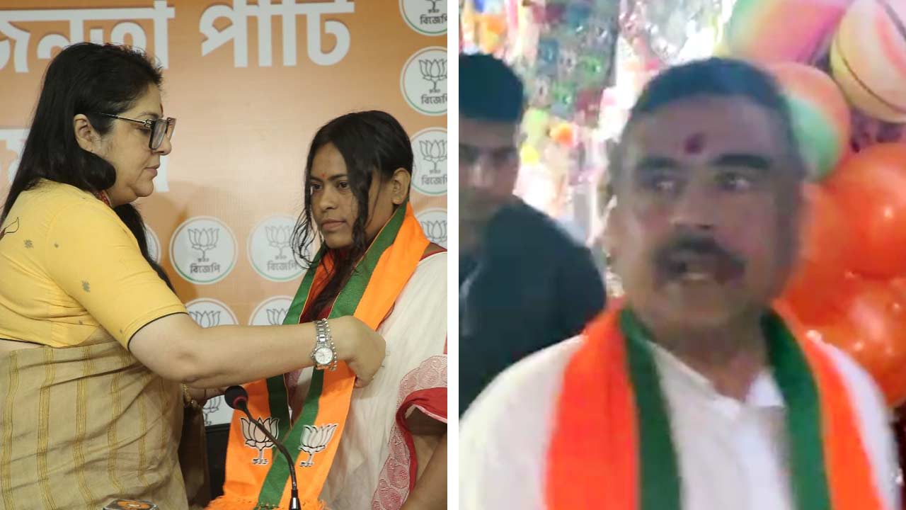 (বাঁ দিকে) টুম্পা কয়ালের গলায় দলের উত্তরীয় পরিয়ে দিচ্ছেন লকেট চট্টোপাধ্যায়। ভবানীপুরে বাড়ি-বাড়ি গিয়ে প্রচারে শুভেন্দু অধিকারী (ডান দিকে)।