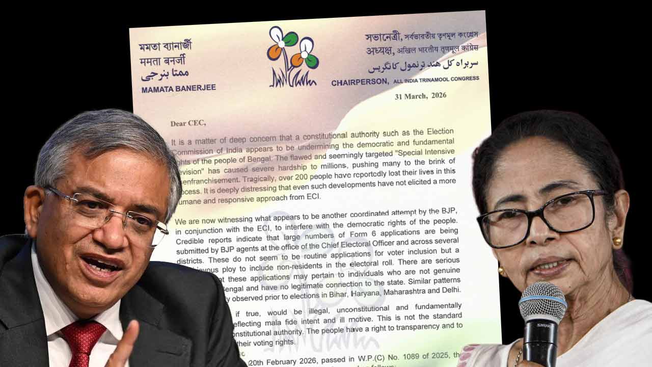 (বাঁ দিকে) জ্ঞানেশ কুমার এবং মমতা বন্দ্যোপাধ্যায় (ডান দিকে)।