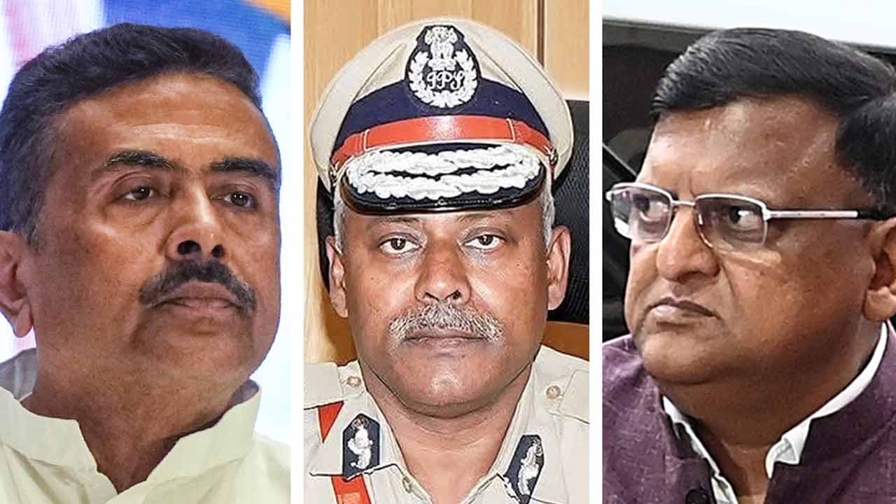 (বাঁ দিকে) শুভেন্দু অধিকারী। (মাঝে) অজয় নন্দ। মনোজ আগরওয়াল (ডান দিকে)।