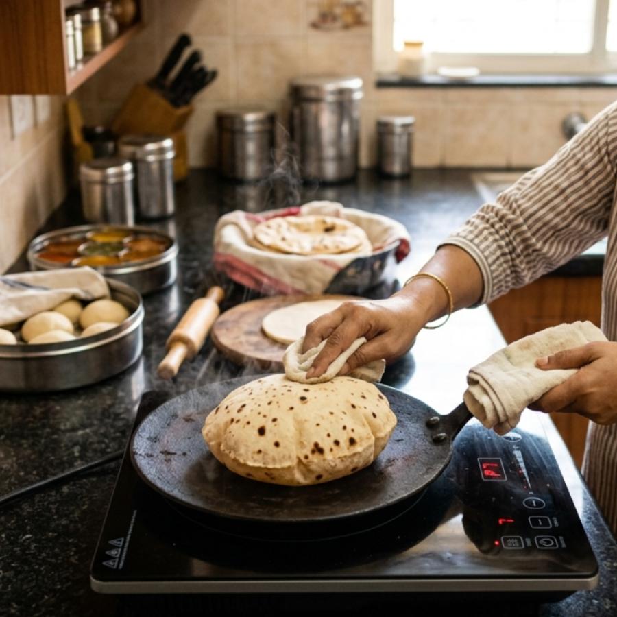 আগুন ছাড়াই রুটি বানান ঘরে।