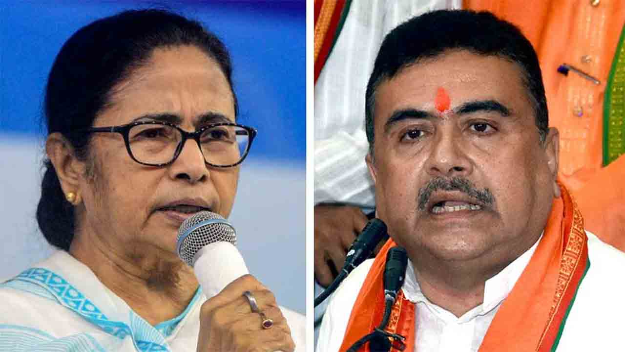 (বাঁদিকে) মমতা বন্দ্যোপাধ্যায় এবং শুভেন্দু অধিকারী (ডানদিকে)।