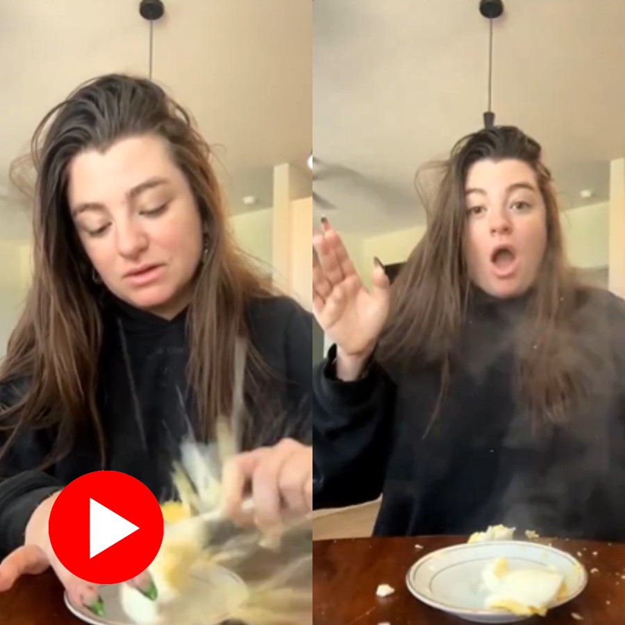 Video shows boiled egg made in microwave explode as soon as woman try to cut it with spoon